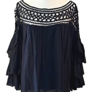 Santoori Black Semi Sheer Crochet Tiered Long Sleeve Top Size Large